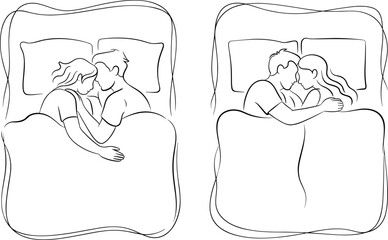 Couple sleeping in bed, romantic intimacy line art, love and relationship, bedroom scene, vector illustration, minimalist drawing, affectionate embrace, cozy night, emotional connection