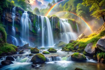 Obraz premium Majestic Waterfall Cascading Through Lush Green Forest with a Vibrant Rainbow