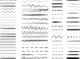 Hand-drawn line patterns set, decorative divider lines, sketch style borders, vector illustration, design elements, artistic strokes, wavy lines, dashed lines