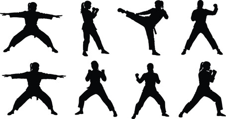 martial, arts, fighter, combat, kick, punch, stance, silhouette, black, vector, illustration, training, discipline, movement, action, pose, athlete, defense, technique, sport
