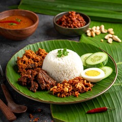 A plate of rice with various meats and sauces