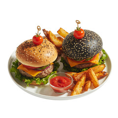 Two gourmet burgers with fries and ketchup isolated on transparent background