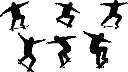 Skateboarding silhouettes, extreme sport tricks, bar jump, mid-air motion, athletic pose, urban action, freestyle, balance, stunt illustration