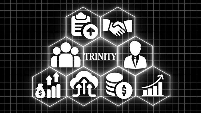 Green neon business icons. TRINITY  management teamwork ,business  growth glowing digital interface partnership handshake money investment corporate strategy futuristic technology  background.