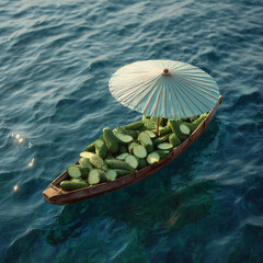 Cucumber Boat with Paper Parasol under Sunlight 