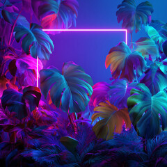 Creative fluorescent color layout made of tropical leaves with neon light square. Flat lay. Nature concept.