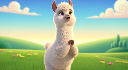 A cheerful, animated alpaca stands in a vibrant green meadow, bathed in the soft light of dawn.
