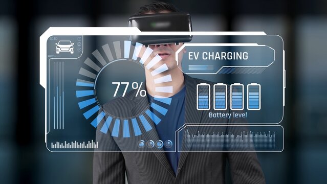 A man engages in a virtual reality experience showcasing electric vehicle charging, featuring a clear battery level display and high-tech interface design. Raster - Powered by Adobe
