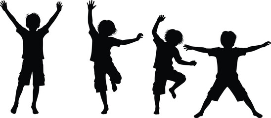Silhouettes of boys jumping and celebrating, energetic kids in motion, playful children vector illustration for fun scenes