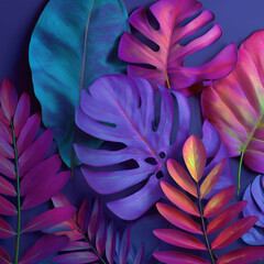 Creative fluorescent color layout made of tropical leaves. Flat lay neon colors. Nature concept
