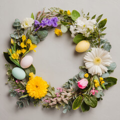 Easter wreath made of colorful spring flowers, leaves and easter eggs. Natural round frame layout with paper card. Flat lay