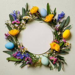 Easter wreath made of colorful spring flowers, leaves and easter eggs. Natural round frame layout with paper card. Flat lay