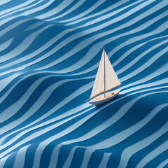 Minimalist sailboat model navigating stylized blue and white striped waves