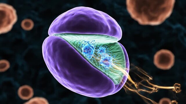 3D Illustration of Cell Division Showcasing Mitosis Process with Nucleus, Cytoplasm, and Organelles in Biology Science