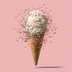 Infographic design of ice cream with colorful sprinkles. Minimal summer background. Food deconstructed food styling concept.