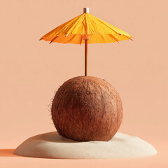 Tropical beach concept made of coconut fruit and sun umbrella. Creative minimal summer idea.