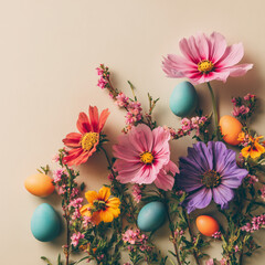 Creative layout made with colorful flowers and Easter eggs. Minimal nature background. Spring holidays concept.