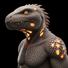 Close-up of a fantastical creature, sculpted with a reptilian head and scaled body, illuminated by glowing orange accents against a dark background.