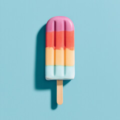 Colorful Ice cream popsicle on pastel blue background. Minimal summer concept. Flat lay.