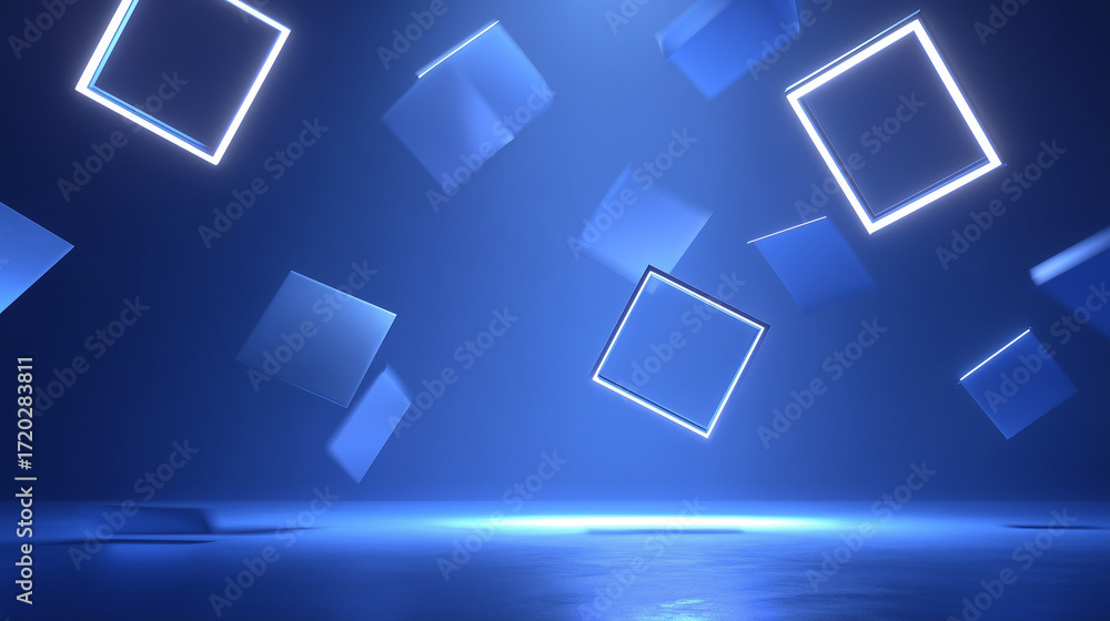 Poster abstract blue squares: a captivating abstract display of luminous, geometric shapes in varying sizes