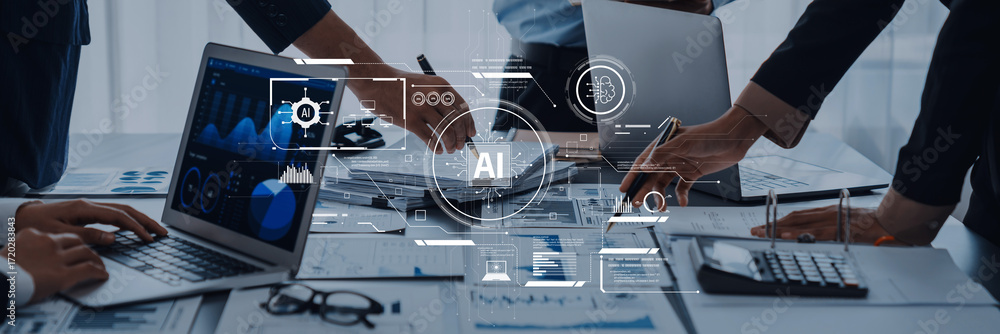 Poster a corporate team collaborates on an artificial intelligence project, utilizing data and technology i