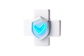 A white medical cross with a silver shield and blue checkmark in the center on a white background