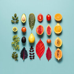 Creative neatly arranged food layout with fruits, vegetables and leaves on bright background. Minimal healthy food concept. Flat lay.