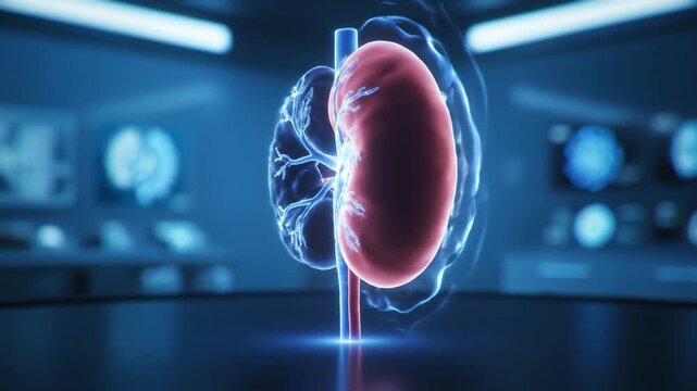 Futuristic 3D Illustration of Human Kidney with Glowing Blue Energy Highlighting Detailed Anatomy, Advanced Medical Technology, and Innovation in Healthcare Laboratory Setting