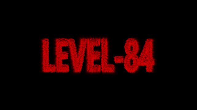 Red Level 84 Text with Furry Texture and Glowing Effect on Black Background word number