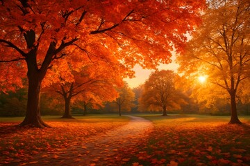 Fototapeta premium autumn park with vibrant orange and red leaves 