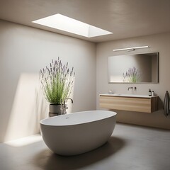 A modern bathroom boasts a minimalist design with a light-filled space, featuring a serene oval bathtub, and a lavender plant.