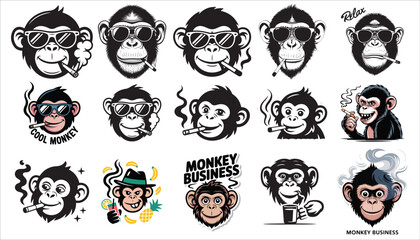 Cool funny stylish Monkey  Heads silhouette vector: Vector Illustrations, Retro Style, Smoking, Sunglasses