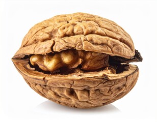 Obraz premium Cracked Open Walnut Shell Detail on a Clean White Background
