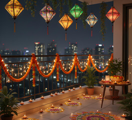 Modern aesthetic Diwali lantern glowing beautifully in festive home decor