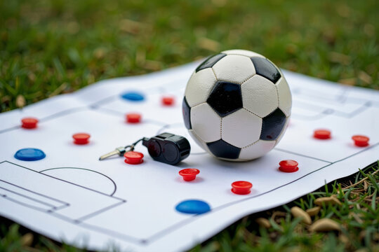 Aesthetic soccer setup: soccer ball and whistle poised atop a tactical diagram on the field