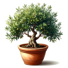 A potted bonsai olive tree, detailed illustration