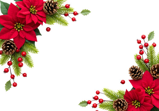 Festive christmas corner border with red poinsettias pine cones and holly berries isolated on transparent background