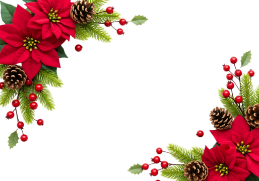 Festive christmas corner border with red poinsettias pine cones and holly berries isolated on transparent background