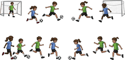Children playing soccer, cartoon kids kicking ball, team sport, dynamic movement, outdoor activity, youth fitness, game action illustration