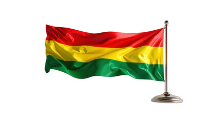 A vibrant depiction of the Bolivian flag, expertly rendered with flowing fabric textures, against a stark black background, highlighting the national colors and a metallic flagpole.