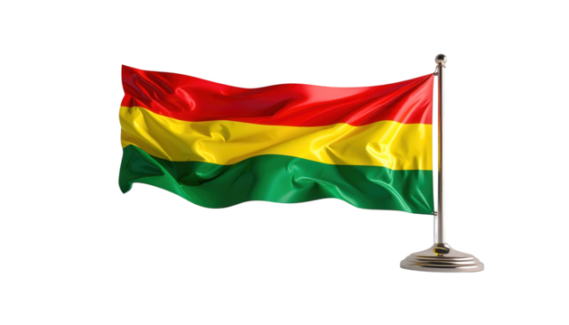 A vibrant depiction of the Bolivian flag, expertly rendered with flowing fabric textures, against a stark black background, highlighting the national colors and a metallic flagpole.