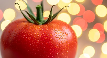 A close-up view of a fresh, vibrant tomato covered in water droplets, set against a backdrop of soft, warm-toned bokeh lights.