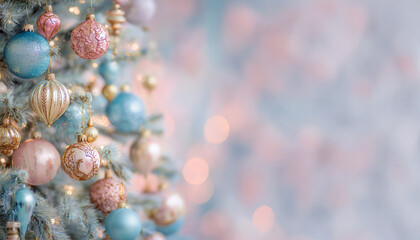 Christmas tree with pastel ornaments decorations. Beautiful stylish pink,blue bright pastel colors. Christmas decorated tree. Merry Xmas design