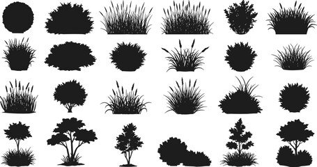 Bush and shrub silhouettes, small tree vector collection, decorative foliage artwork, abstract plant design, isolated greenery illustration, botanical nature graphic