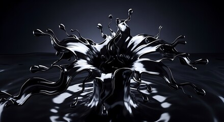A dramatic splash of dark liquid, elegantly cascading in a dynamic, three-dimensional display against a dark background.