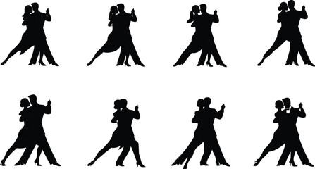 Dancing couple silhouettes, ballroom poses, tango movement, elegant embrace, rhythm, coordination, dance steps, romantic motion, performance illustration