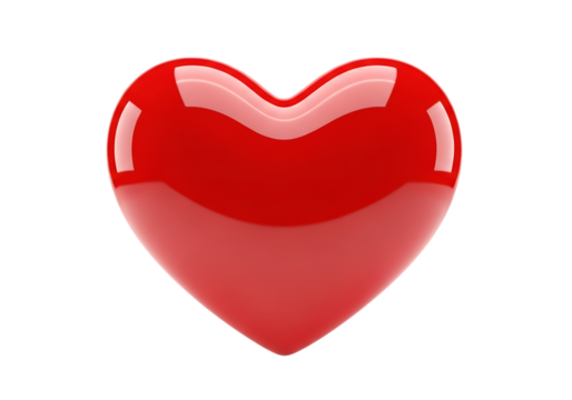 Glossy red heart symbol with reflections isolated on transparent background