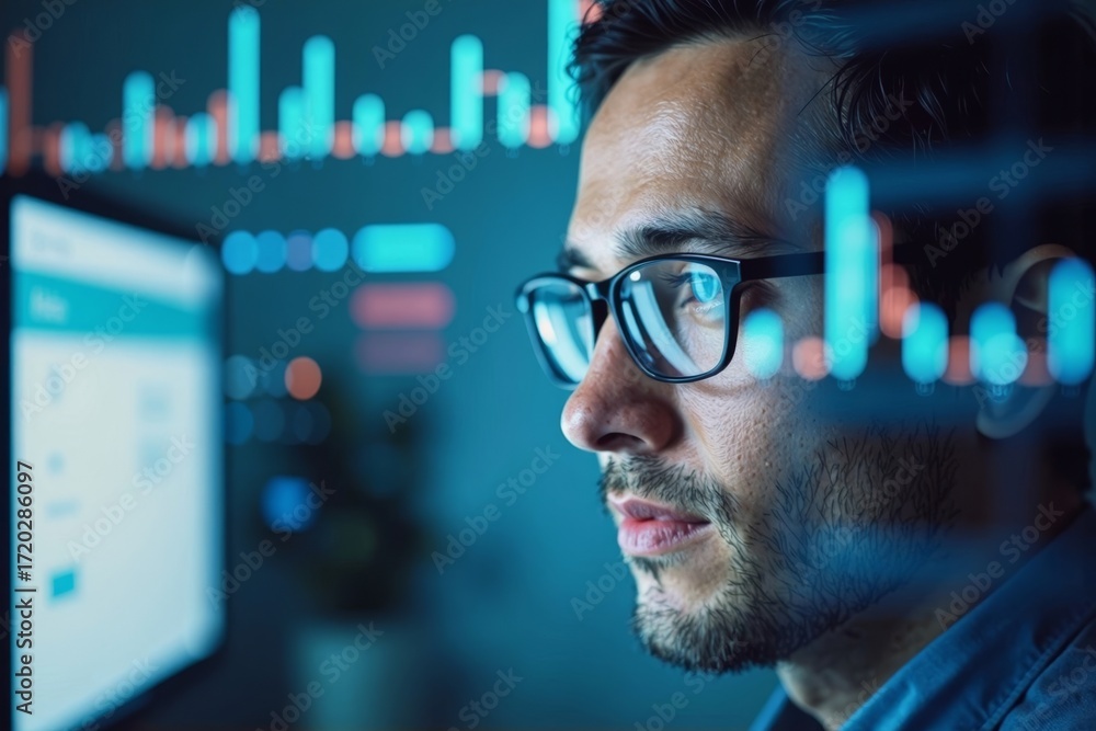 Poster businessman working on computer with digital graphs reflected in glasses lens.