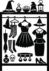 Witch wardrobe illustration, magical clothing collection, fantasy fashion elements, potion accessories, spooky outfit design, Halloween theme vector, enchanted style, 