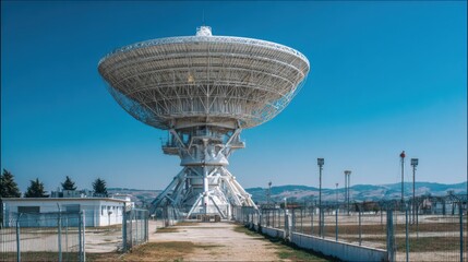 large white satellite dish blue sky